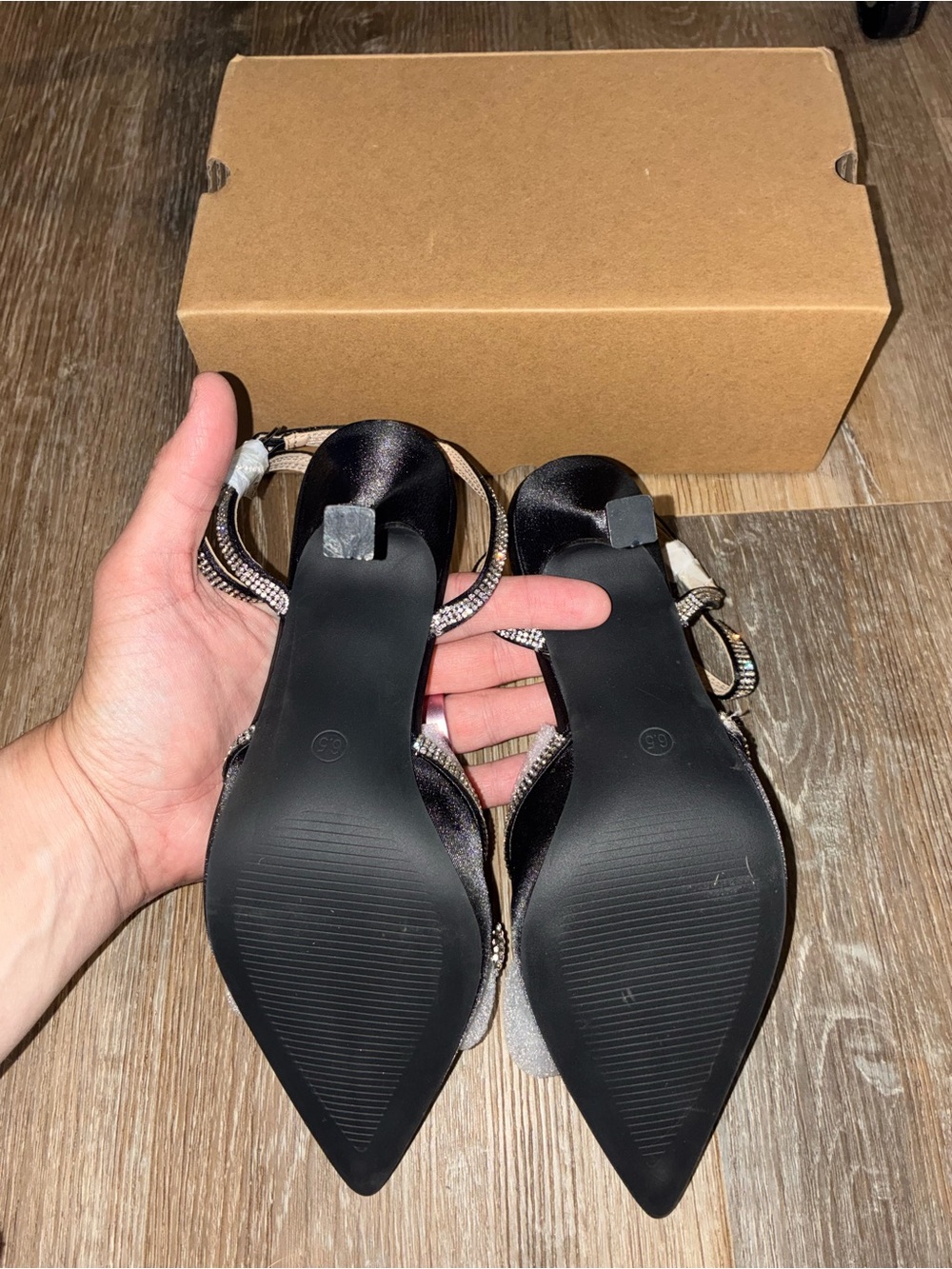Amazon Black Pointed Toe Ankle-Strap Heels with Crystal Bow Detail - Picture 4 of 4